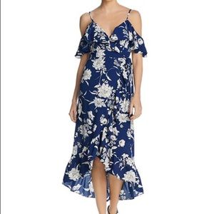 AQUA Floral Cold-Shoulder Ruffle Wrap Dress